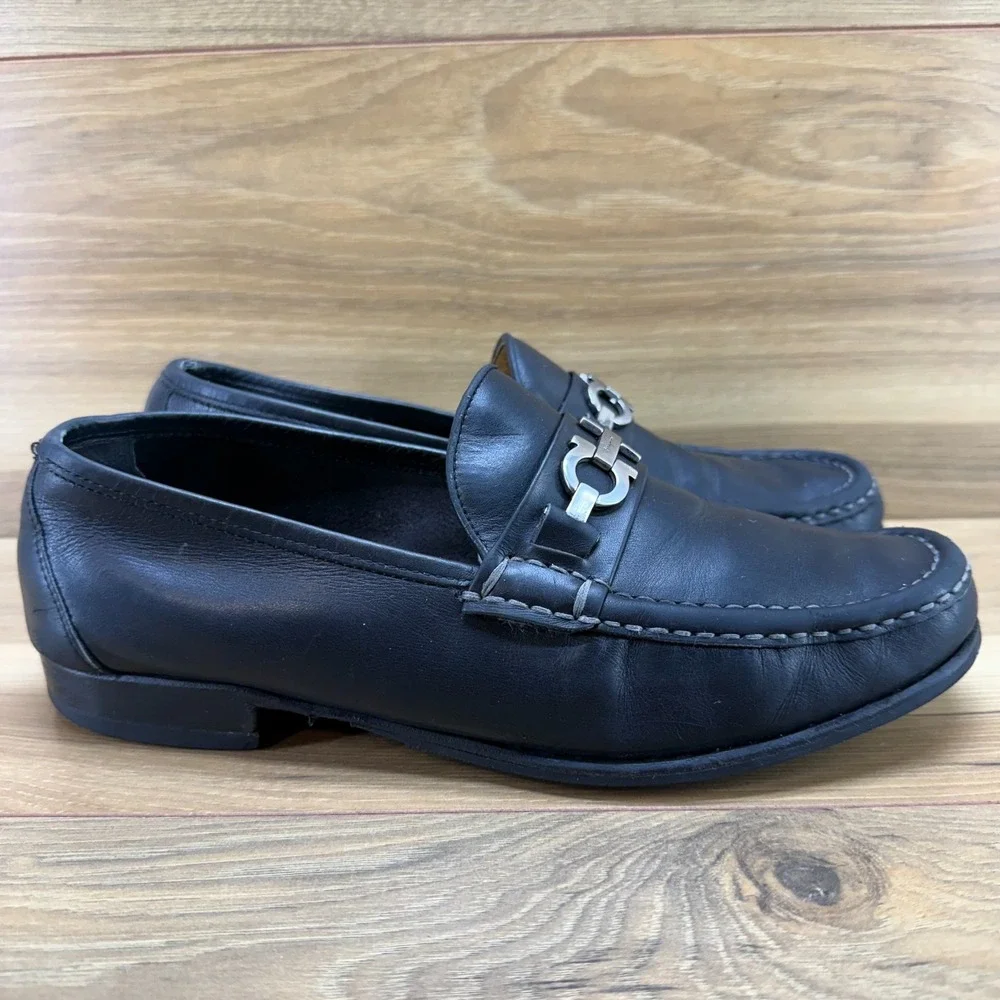Salvatore Ferragamo Gancini Bit Loafers Mens 9 EE Black Leather Moc Toe Formal